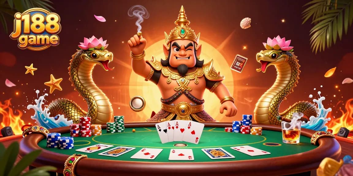 Experience the excitement of the j188 game with vibrant poker action and mythical guardian elements for a captivating online casino scene.
