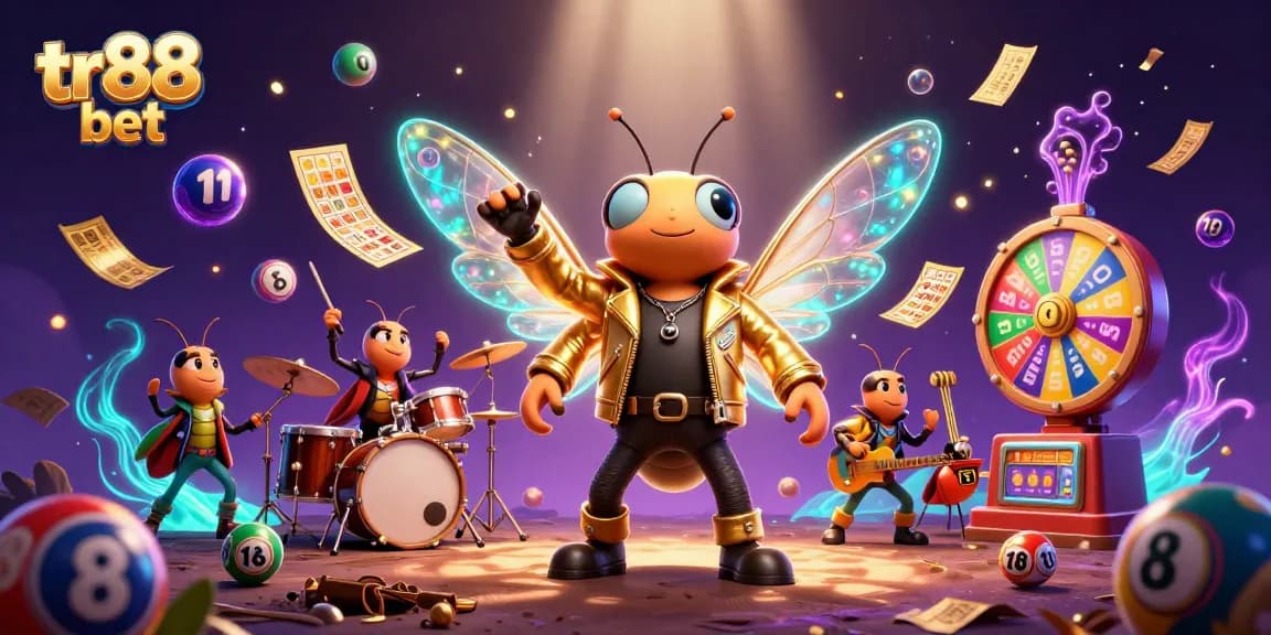 Experience the thrill of tr88 bet with a vibrant 3D illustration featuring a rock star cicada, dynamic game elements, and excitement.