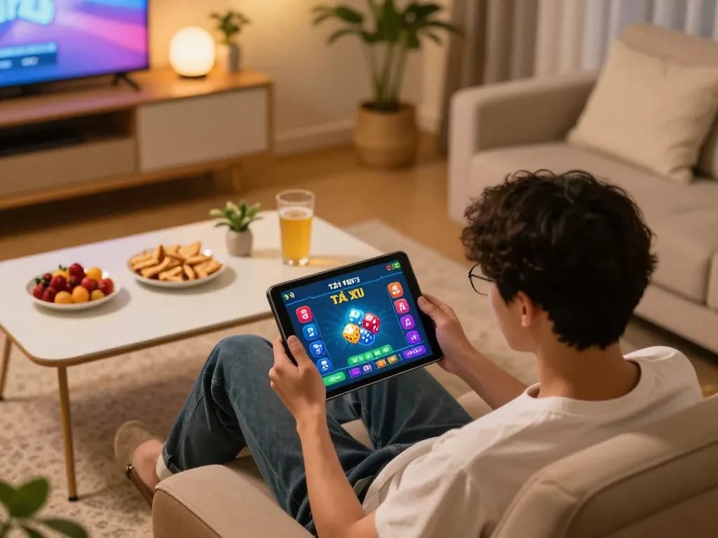 Tài xỉu online gaming session on tablet in a cozy home setting with engaging atmosphere