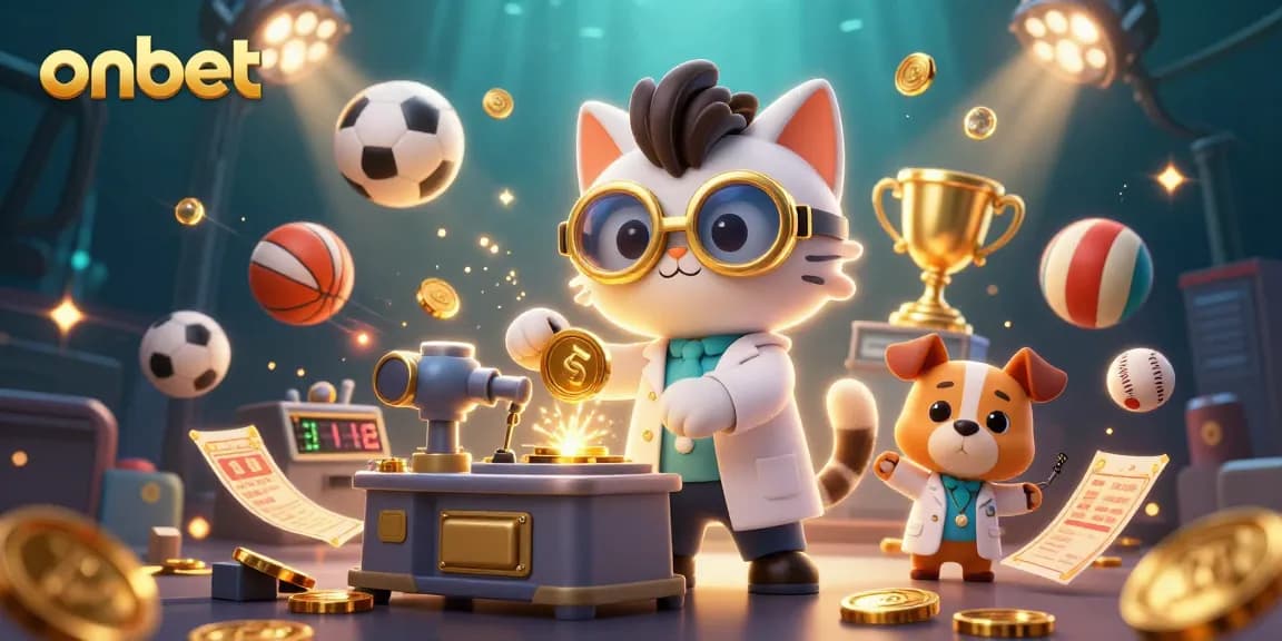 Experience thrilling gaming with onbet as the mad scientist cat and dog create gold coins amidst sports excitement.