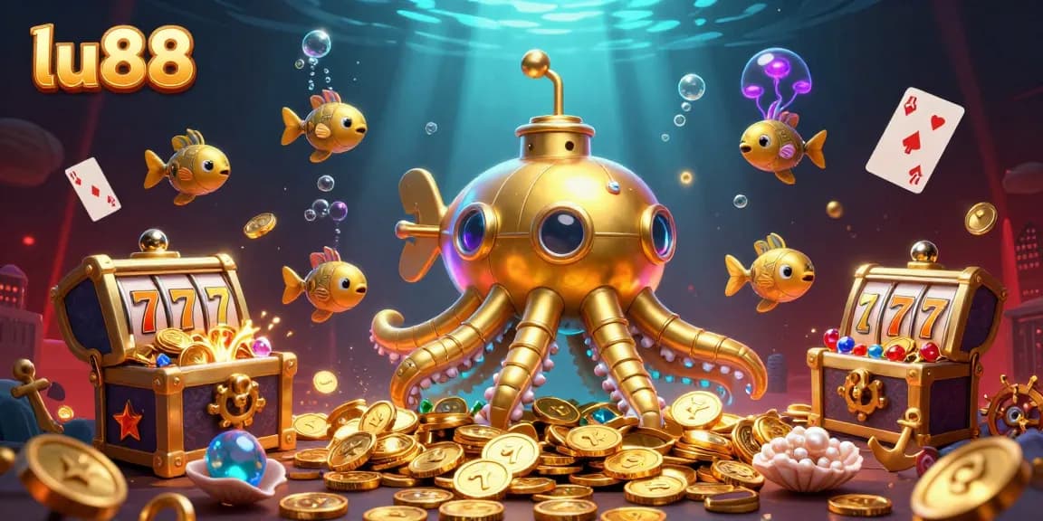 Engage in thrilling slots action with lu88, featuring a fantastical kraken submarine amidst gold coins.