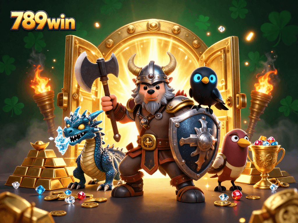 Engage in thrilling gaming adventures at 789win with a Viking warrior, dragon, and treasures!