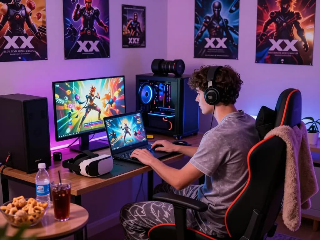 Engaging gamer immersed in xxx games surrounded by vibrant visuals and snacks.