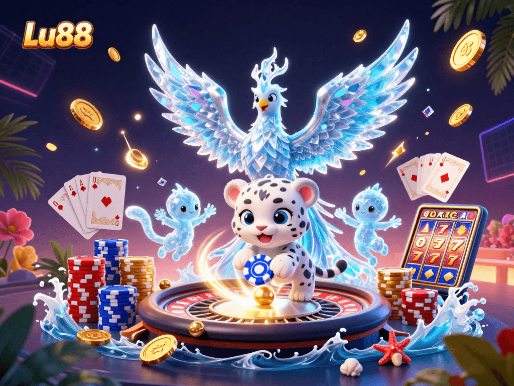 Experience thrilling gaming adventures with Lu88's enchanting ice phoenix and playful cub.
