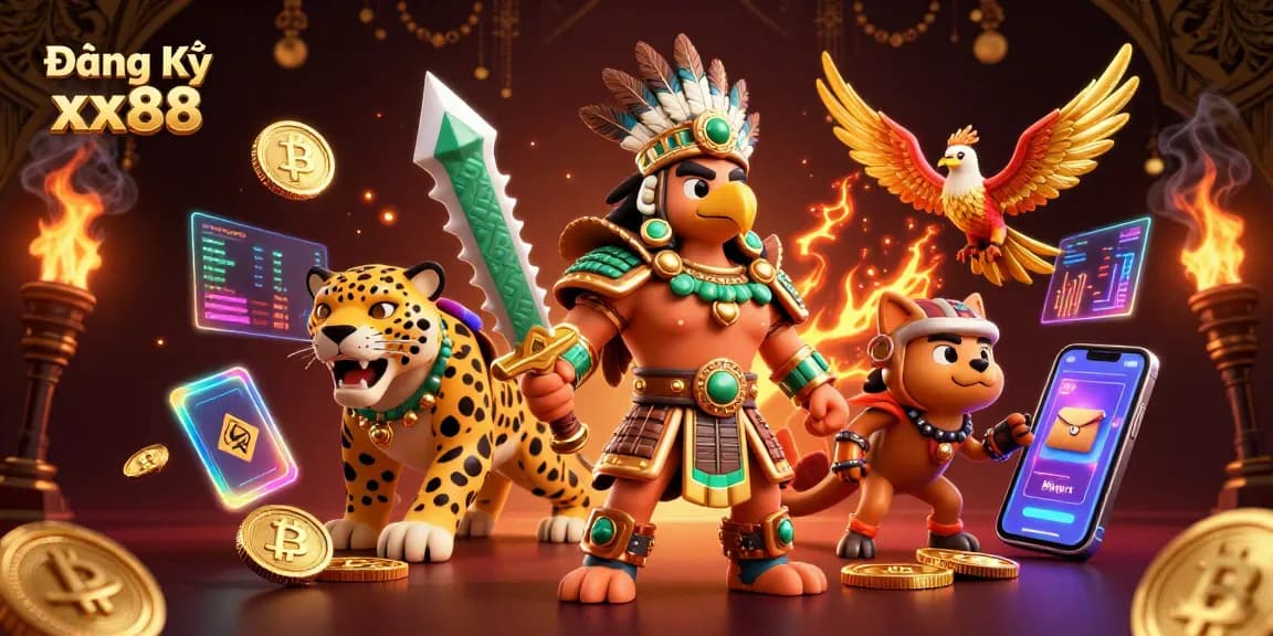 Join the excitement with Đăng Ký xx88 as epic warriors and crypto elements clash in this vibrant casino scene.