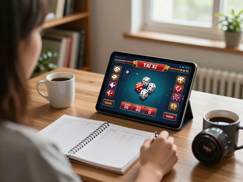 Engaging with the app tài xỉu online uy tín on a tablet, demonstrating a strategic gaming environment in a cozy home office.