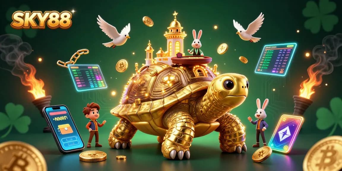 Engage in thrilling gaming at SKY88's vibrant casino atmosphere with golden coins and exciting gameplay.