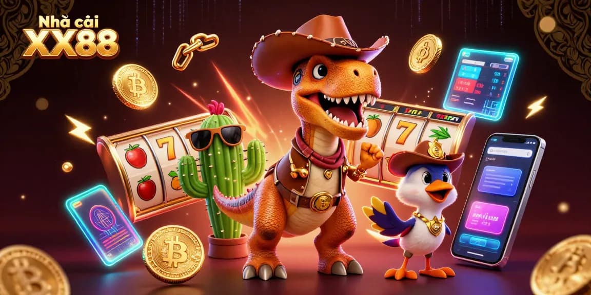 Engage with Nhà cái XX88 through vibrant slot games and crypto elements in a lively 3D scene.