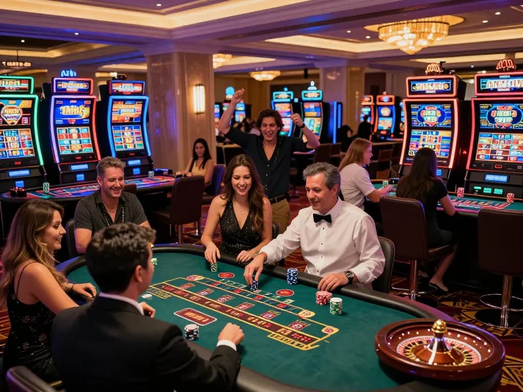 Exciting casino atmosphere where players enjoy blackjack and roulette at MM88 TODAY, celebrating wins.