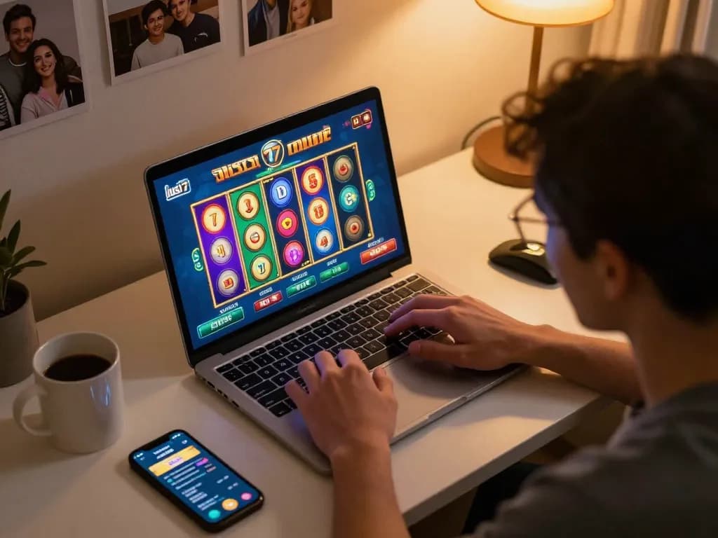 Engaged player spinning reels on jus77 online slots at cozy gaming setup.