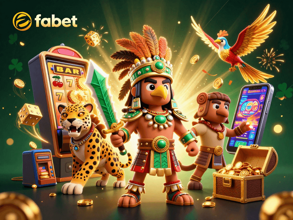 Experience the excitement of fabet's games with a dynamic 3D casino scene featuring slot machines and warriors.