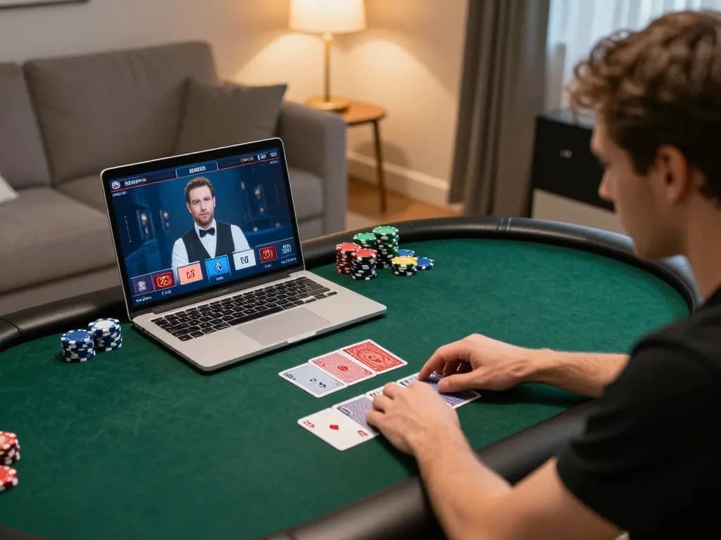 Engaging online poker gameplay on SC88, showcasing strategic decision-making in a cozy living room.