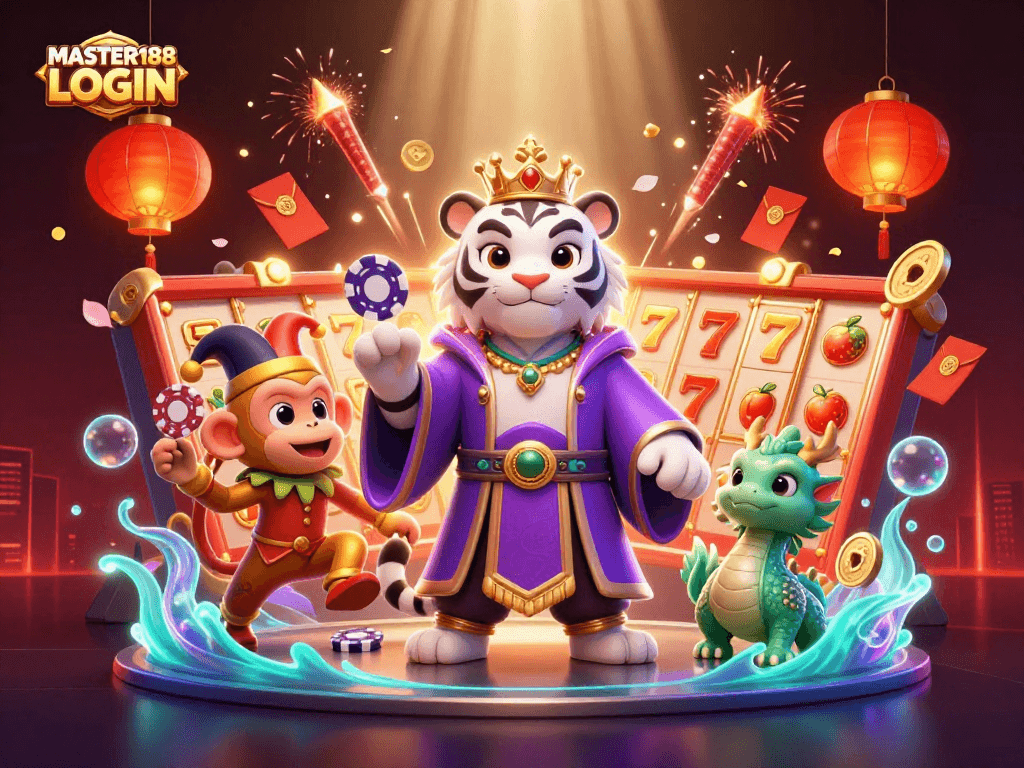 Join the excitement with MASTER188 LOGIN featuring vibrant characters and dynamic slot elements.