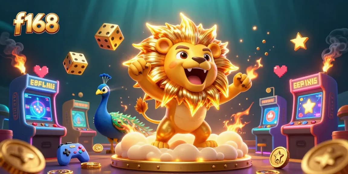Win big at f168 with vibrant 3D casino elements featuring a roaring lion and dynamic game action.