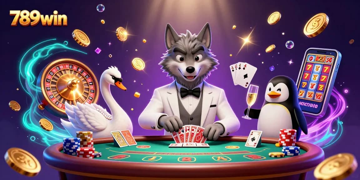 Experience the excitement of 789win with a debonair wolf and elegant characters at a blackjack table.