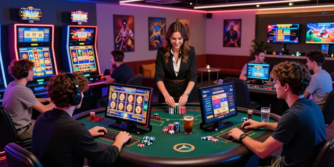 Giocatori coinvolti in una sessione di gioco online di un casino non AAMS, che mostrano giochi vivaci e interazione sociale.