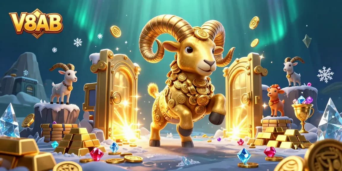 Experience thrilling gaming at V8AB with a majestic golden ram charging through treasures.