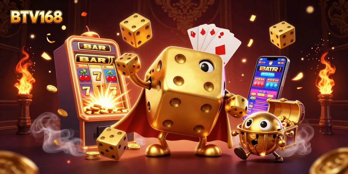 BTV168 brings the casino to life with a vibrant illustration featuring a golden dice golem and slot machine jackpot.