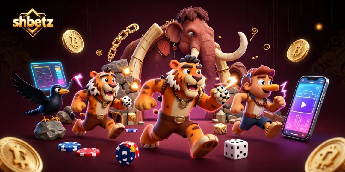 Experience thrills at shbetz with a 3D cartoon scene of prehistoric casino action and cryptocurrency elements.