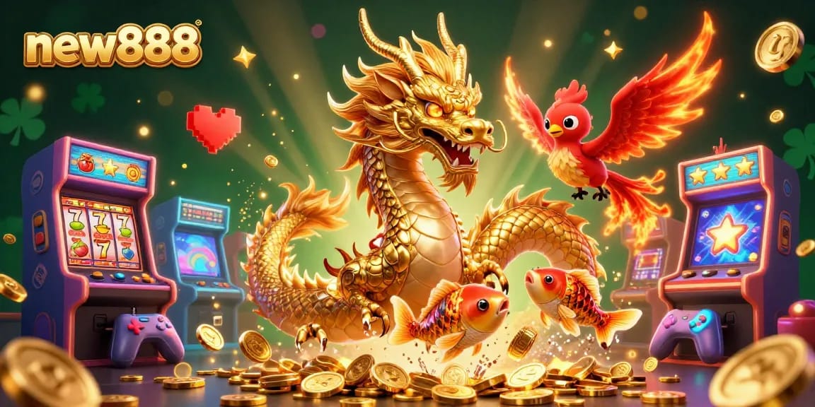 Play with luck at new888 featuring a golden dragon, vibrant slot reels, and coins showering down.