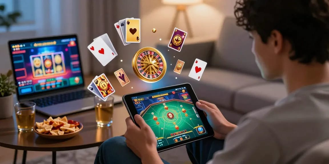 Engaged player enjoying 68gamebai in a cozy setting surrounded by floating game icons.