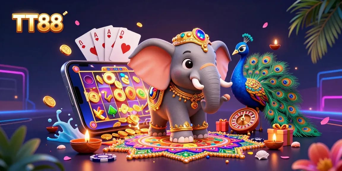 Experience the vibrant world of TT88 with a colorful casino-themed scene featuring dynamic gaming elements.