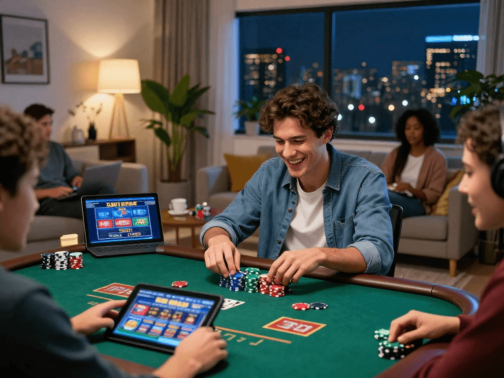 Scena di divertimento nei casino online esteri con persone felici a casa, laptop e fiches colorate.