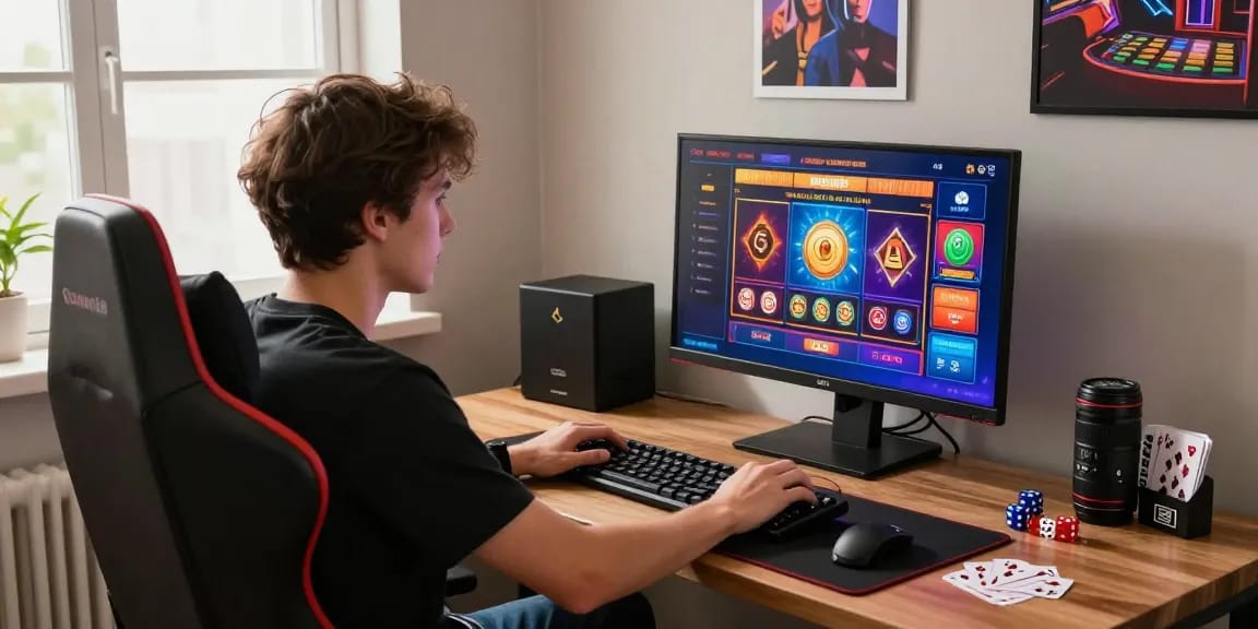 Engaged player enjoying credit card casinos on a modern gaming setup, surrounded by gaming accessories and vibrant visuals.
