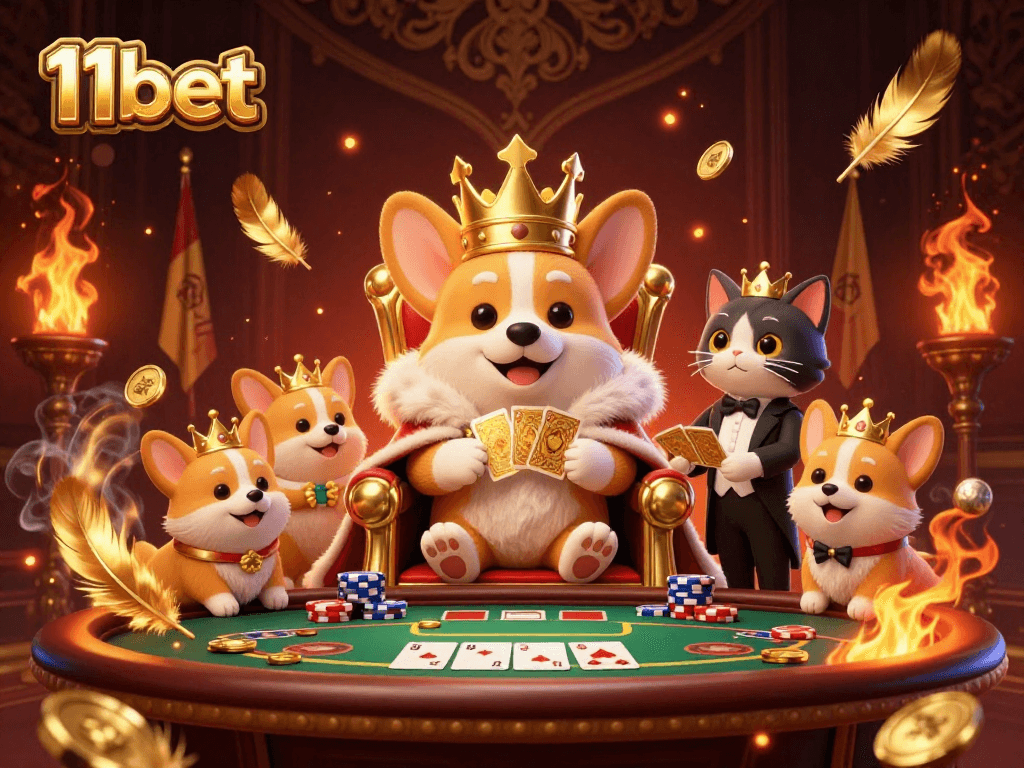 Engage with exciting games at 11bet featuring a crowned corgi amidst poker tokens.