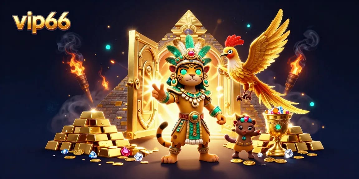 Experience exciting jackpots with vip66's vibrant casino-themed illustration featuring gold treasures and characters.