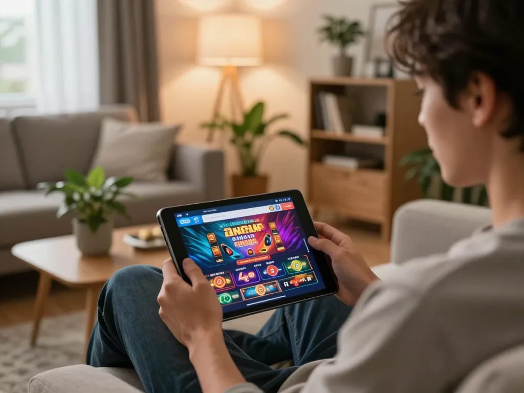 Player engaging in okfun đăng nhập on a tablet, surrounded by comfortable home decor, showing excitement in online gaming.