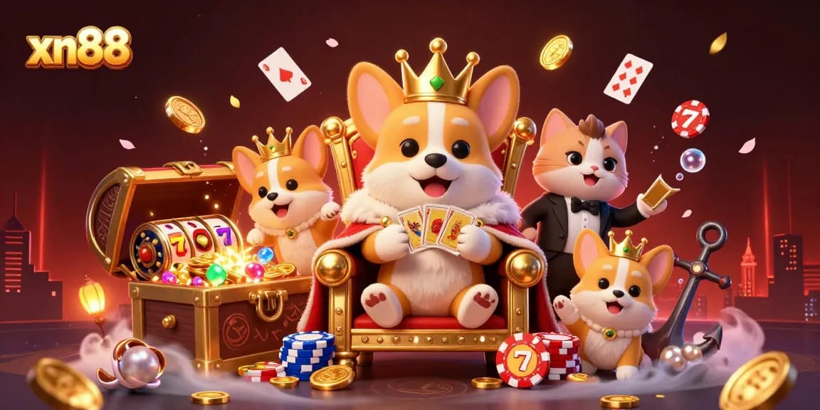 Experience xn88's vibrant online casino world with a royal corgi and colorful slot elements.