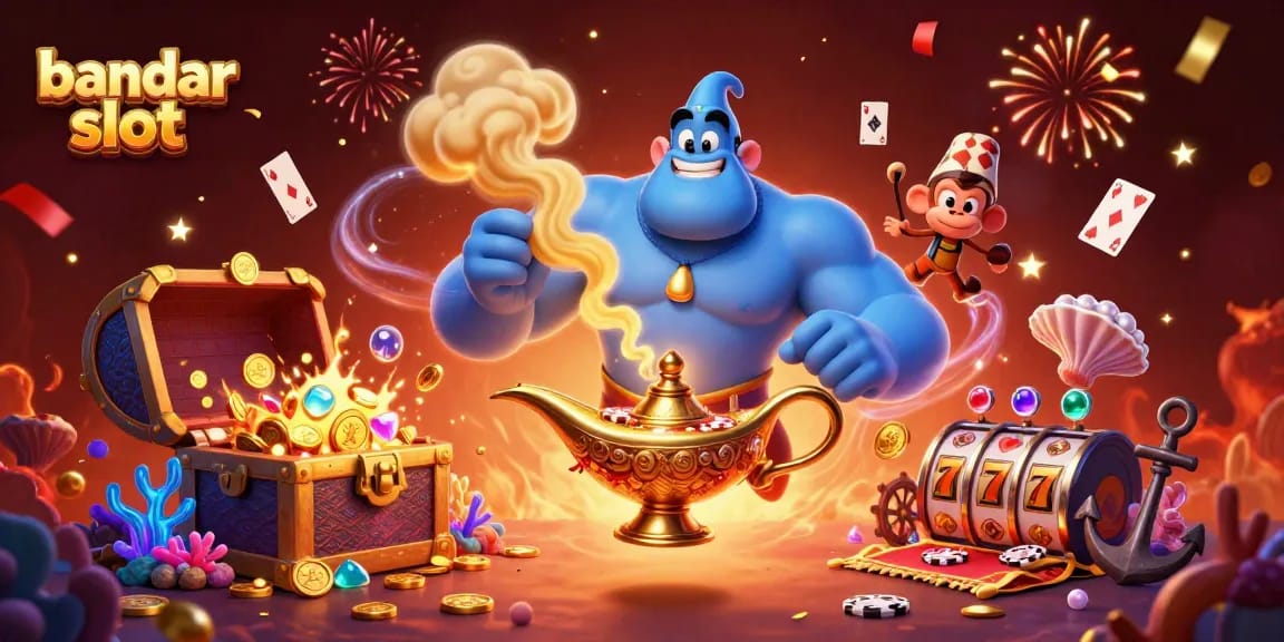 Play engaging bandar slot games with a genie, monkey, and poker chips surrounded by treasures.