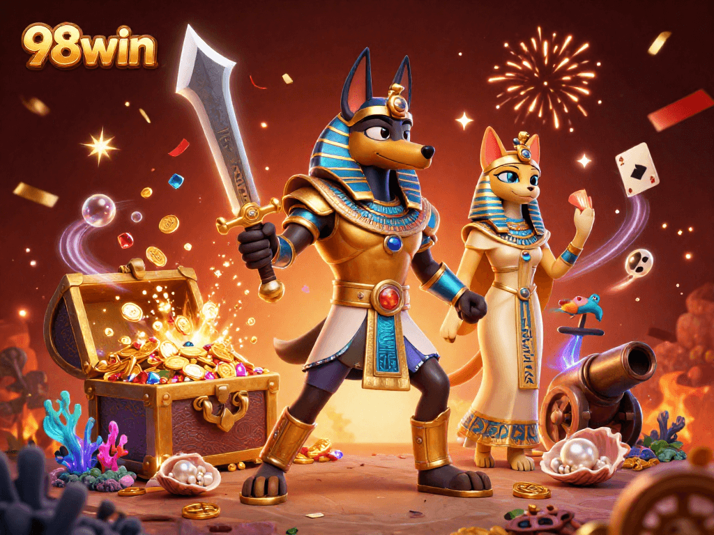 Experience thrilling action at 98win with Anubis and Bastet amidst gold and vibrant gaming elements.