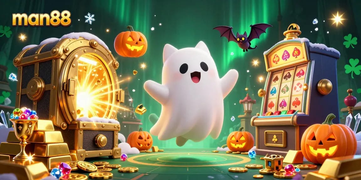Experience thrilling gameplay at man88 with a friendly ghost cat and spooky elements in a casino