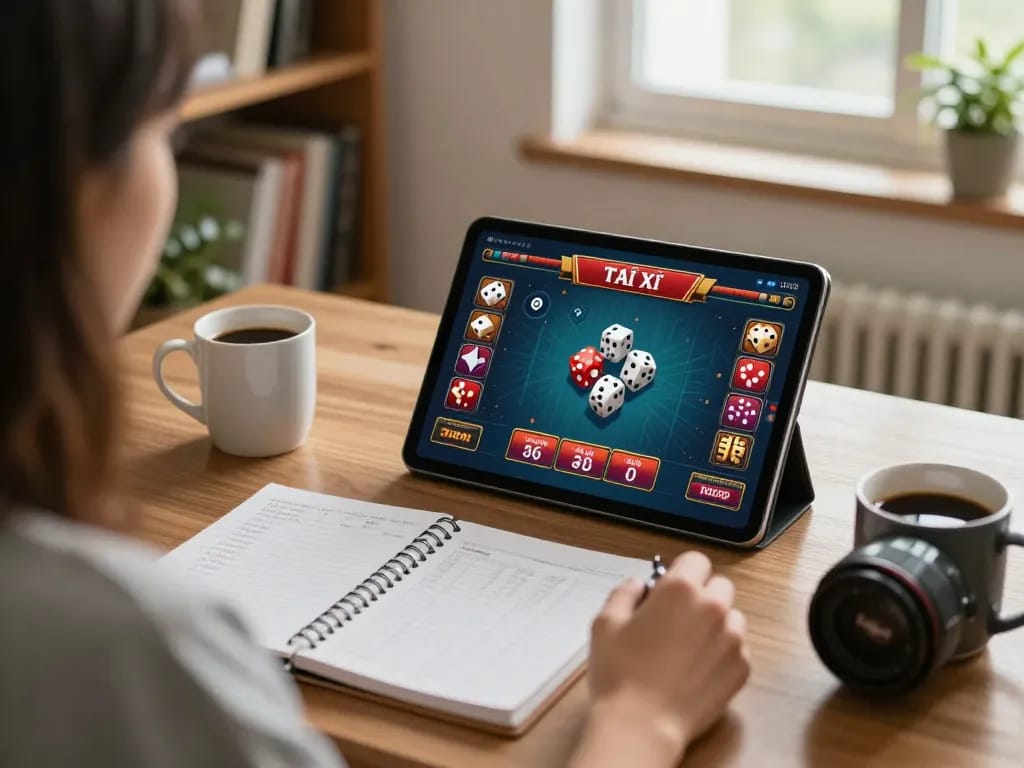 Engaging with the app tài xỉu online uy tín on a tablet, demonstrating a strategic gaming environment in a cozy home office.
