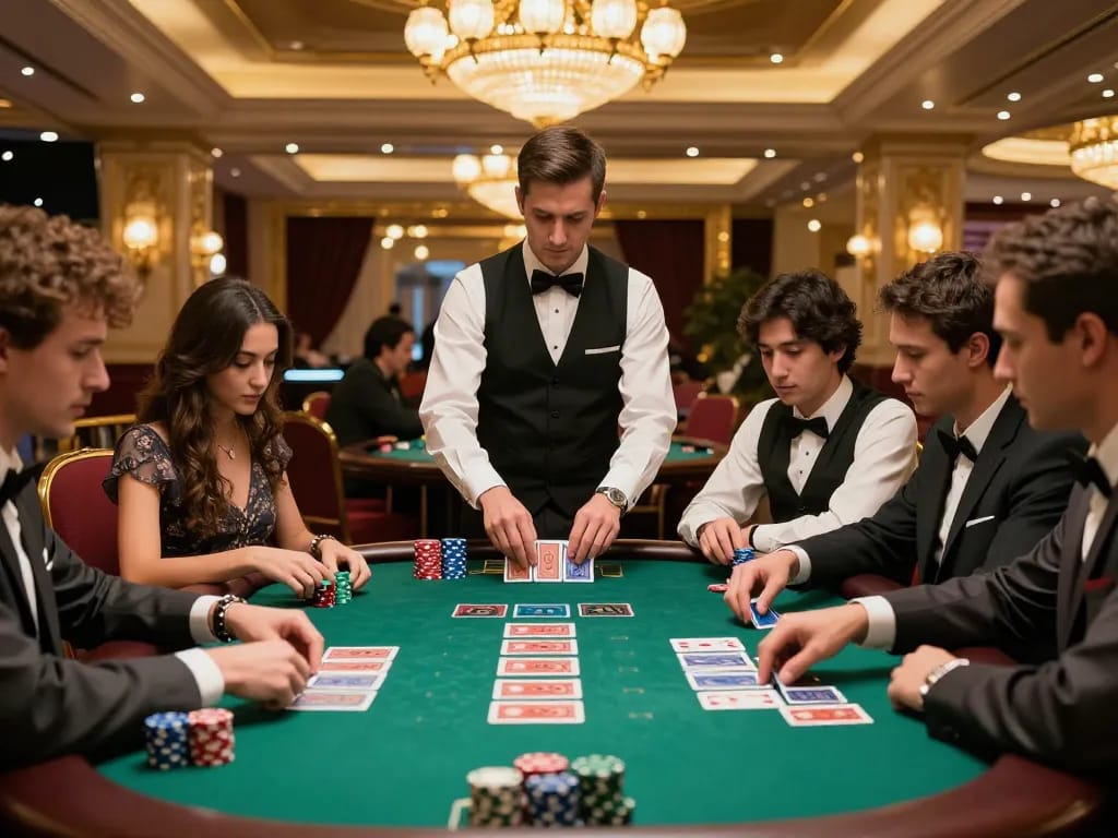 Players engaging at a blackjack table on 98win vin, highlighting intense gameplay and strategic decisions.