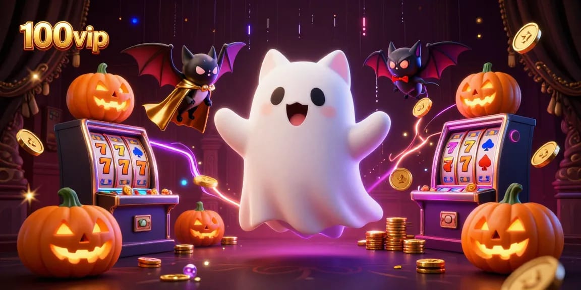 Experience thrilling slots with 100vip's enchanting ghost cat and vibrant casino elements.
