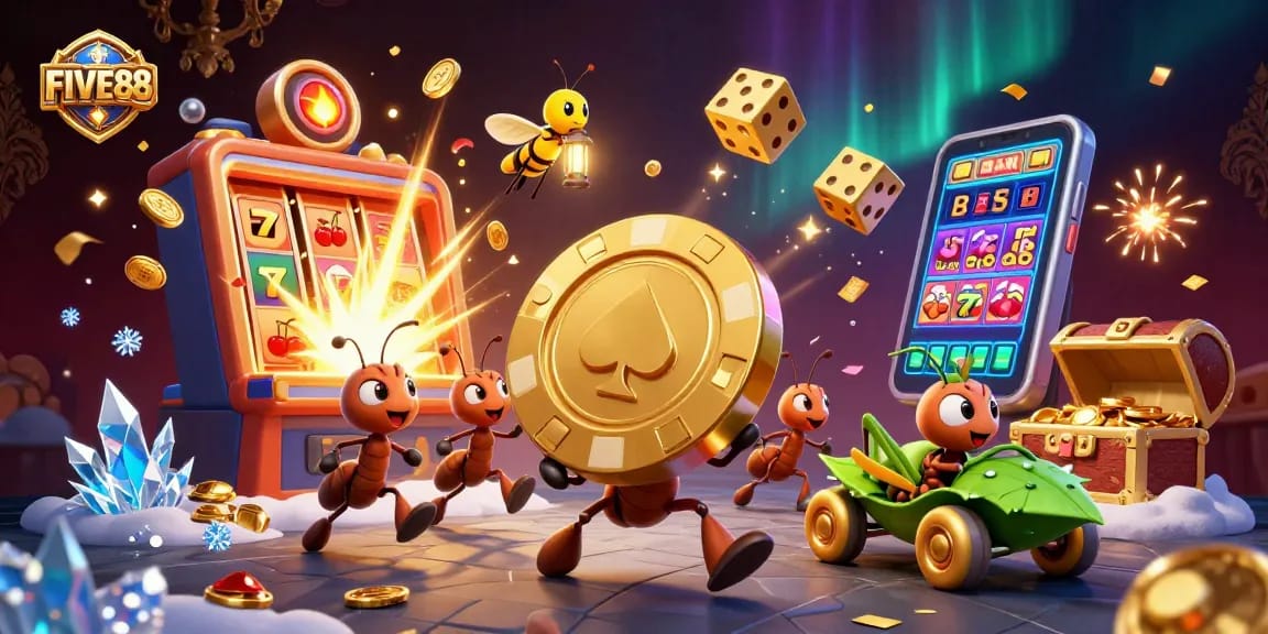 FIVE88 ants heist illustration with a poker chip and casino elements flying around.