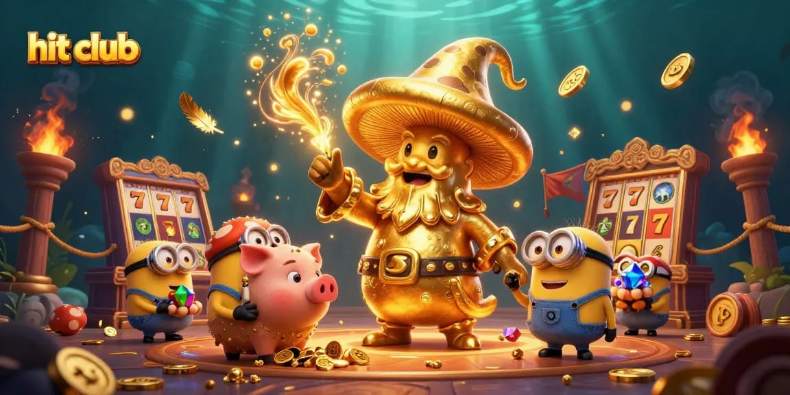 Experience the thrill of the hit club with a 3D illustration showcasing a golden mushroom wizard and slot game elements.