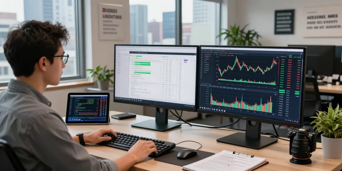 Engaged developer utilizing Japan stock WebSocket API at a modern trading desk for real-time market analysis.