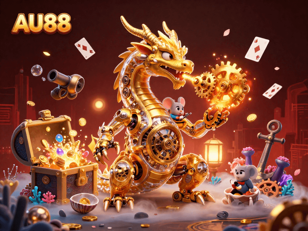 Engage in the captivating world of AU88 with our 3D dragon and casino elements illustration.