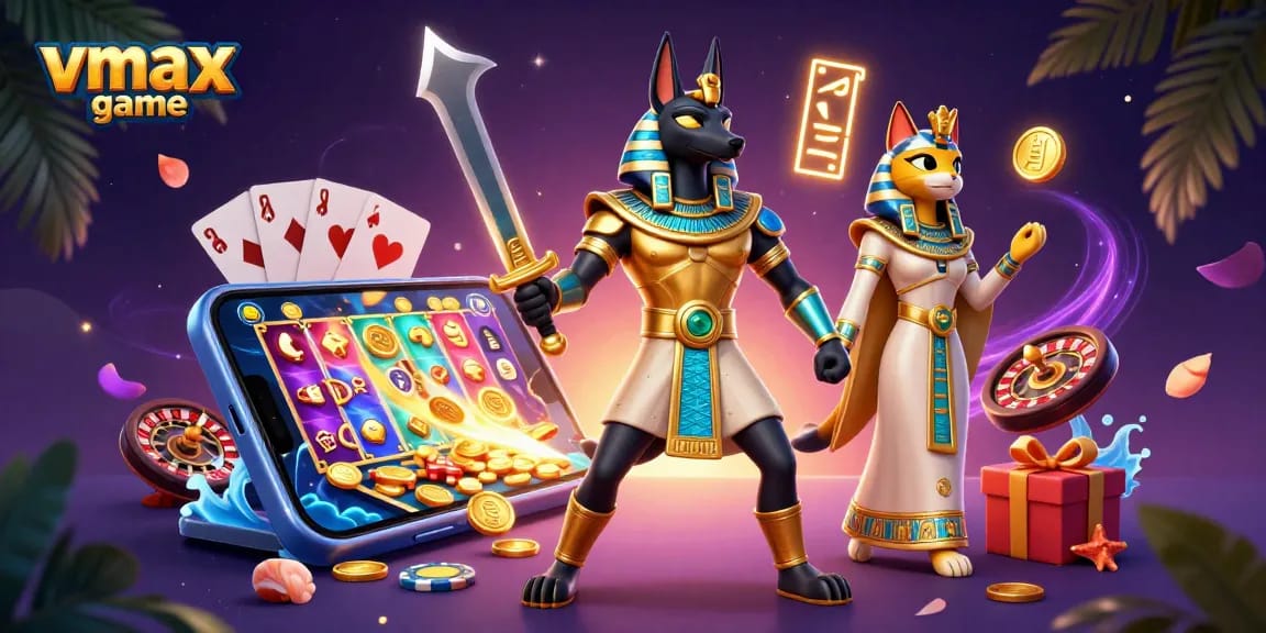 Experience vmax game excitement with Anubis, Bastet, and casino elements in an engaging 3D scene.