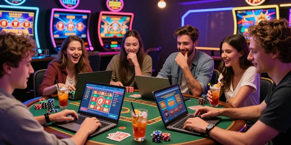 Paysafe Card Casino-Szene mit Spielern, die gemeinsam in einer lebhaften Online-Umgebung verschiedene Spiele genießen, mit einem Fokus auf Spaß und soziale Interaktionen.