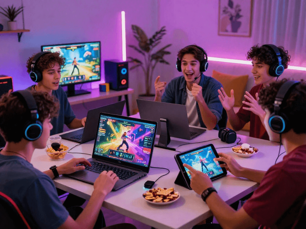 Engaging players enjoying HTML sex games on multiple devices, showcasing a lively gaming atmosphere.