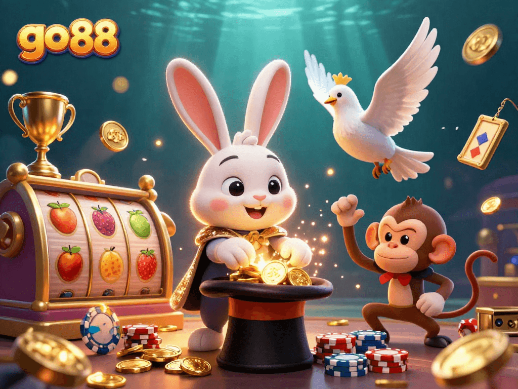 Experience the excitement of go 88 with a magical scene featuring a rabbit, dove, and monkey in a casino.