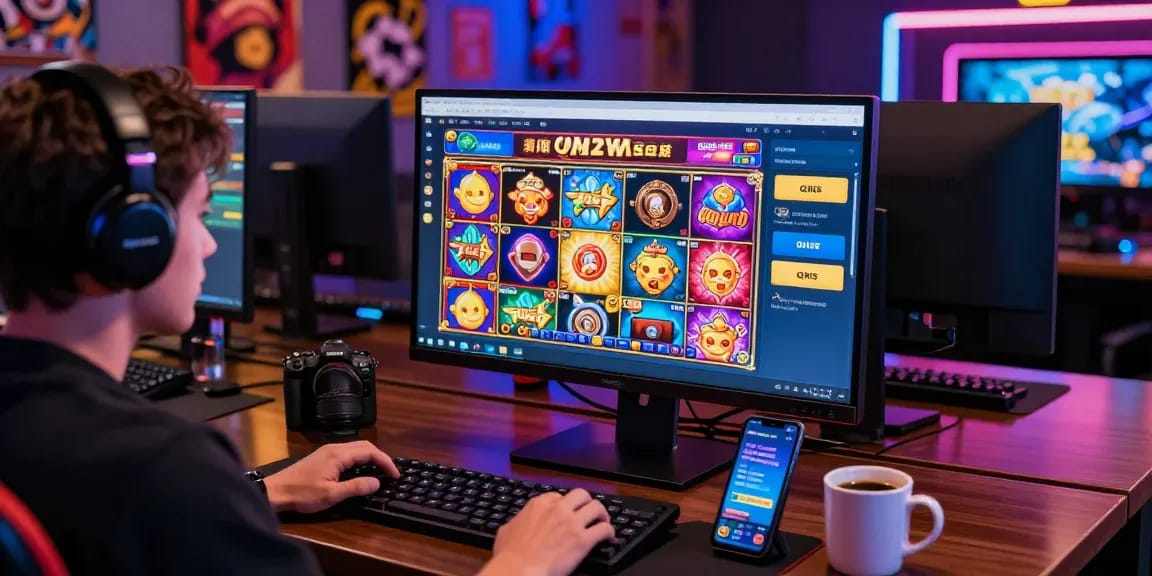 Gamer engaging with slot deposit 1k options on multiple screens in a dynamic online casino setup.