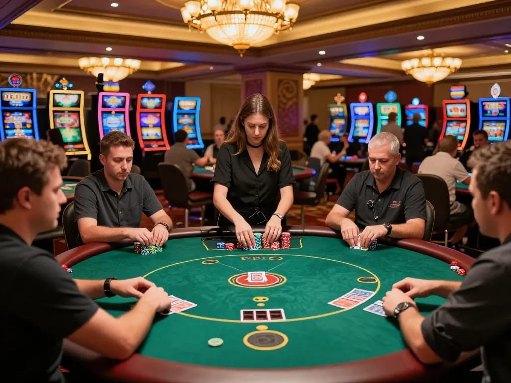 Players engaging in thrilling poker action at Go99's vibrant casino floor, showcasing excitement and strategy