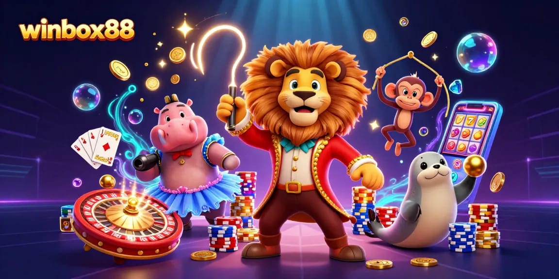 Winbox88 showcases an exciting casino scene with vibrant characters and dynamic game elements.