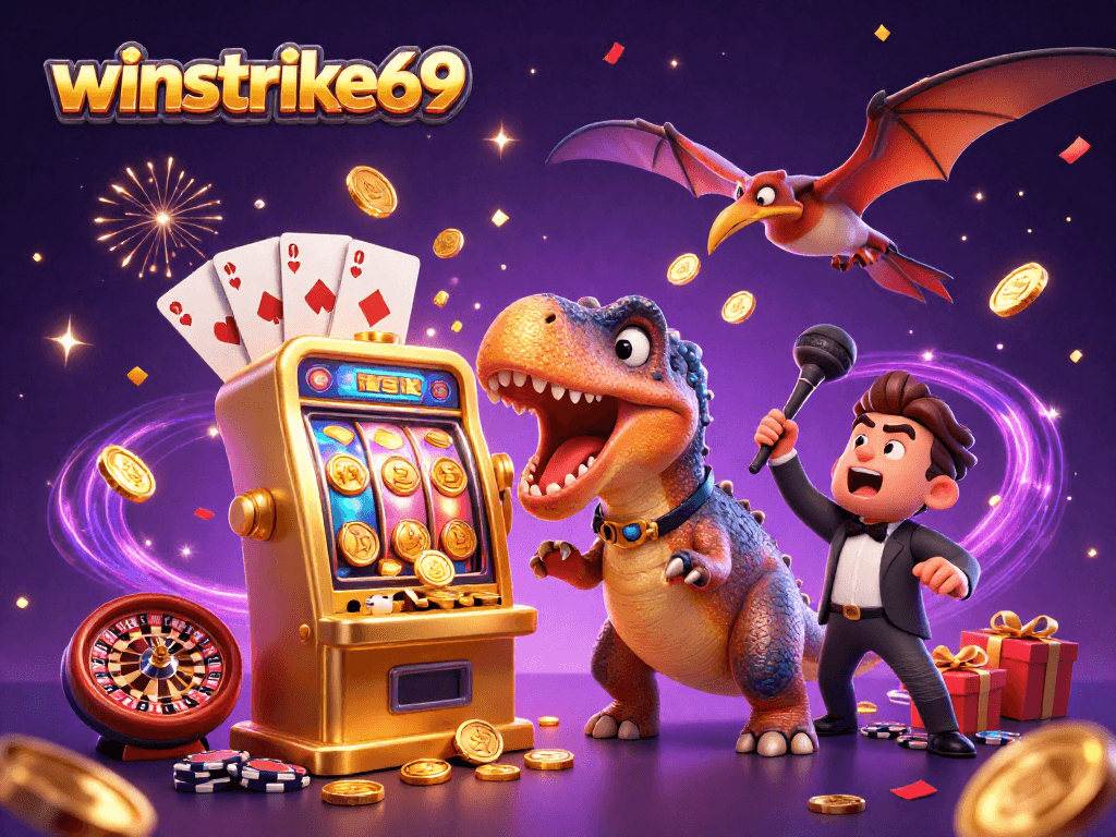 Winstrike69 features a pachycephalosaurus celebrating a jackpot with coins raining down in a vibrant casino scene.